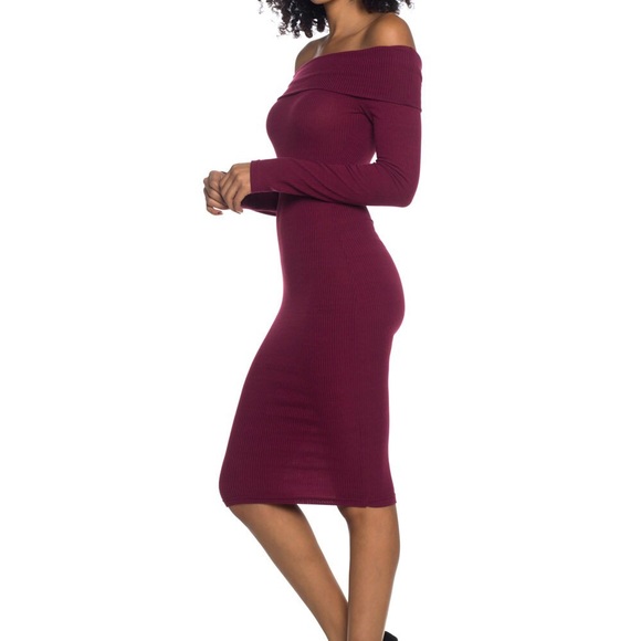 White Solid Stretch Ribbed Off Shoulder Dress - Picture 3 of 4